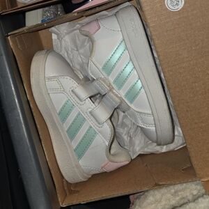 adidas Kids White Sneakers with Mint Stripes and Pink Accents